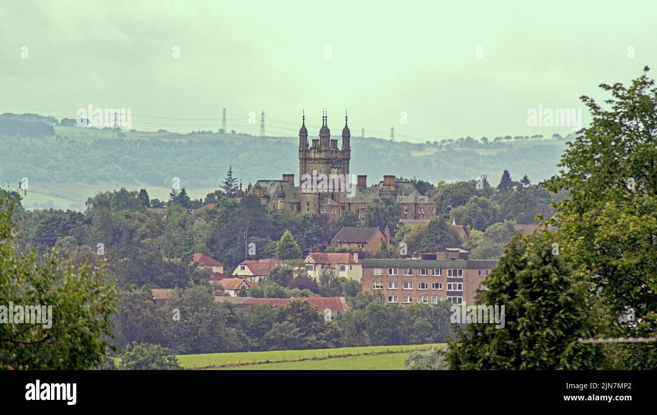 aerial view of bearsden with the tower of the gothic schaw house  from Milngavie, Glasgow, Scotland, Stock Photo