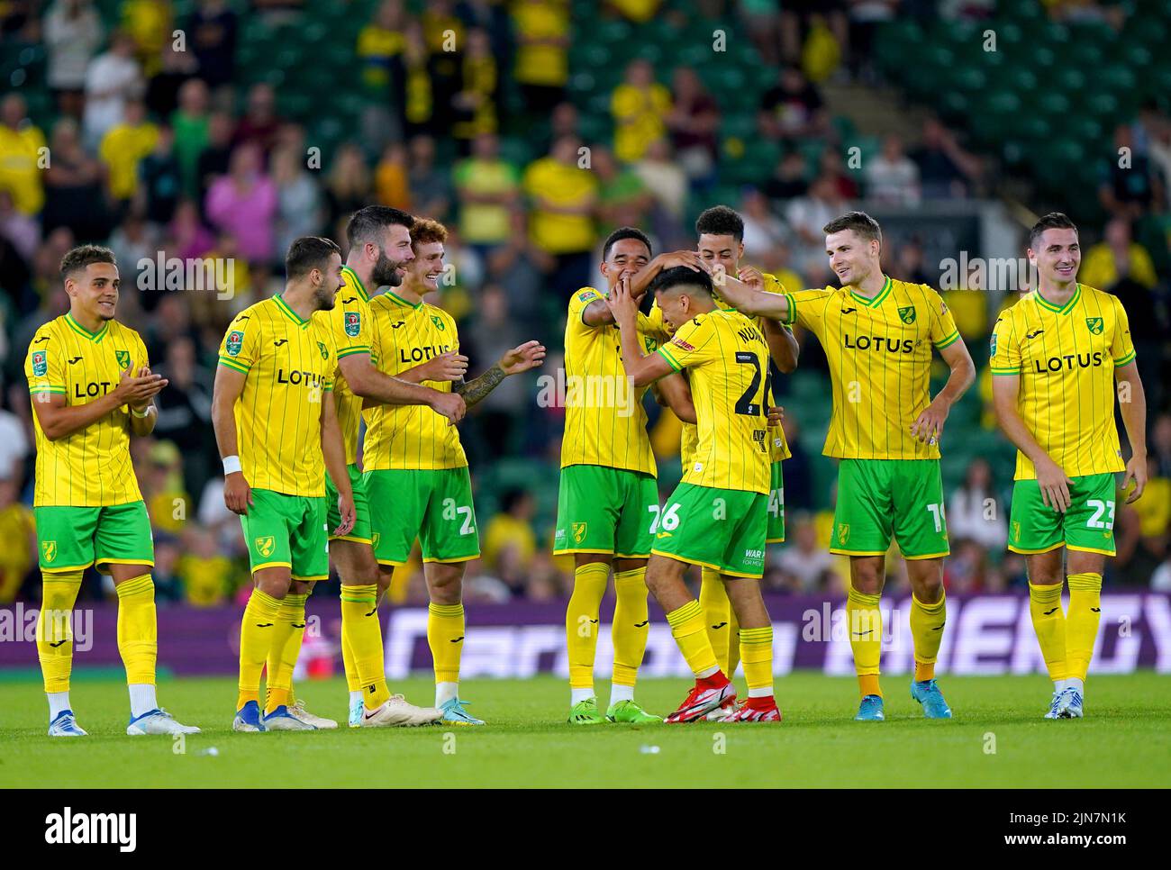 Norwich City's Marcelino Nunez celebrates with his team-mates after scoring a penalty during the penalty shoot out of the Carabao Cup, first round match at Carrow Road, Norwich. Picture date: Tuesday August 9, 2022. Stock Photo