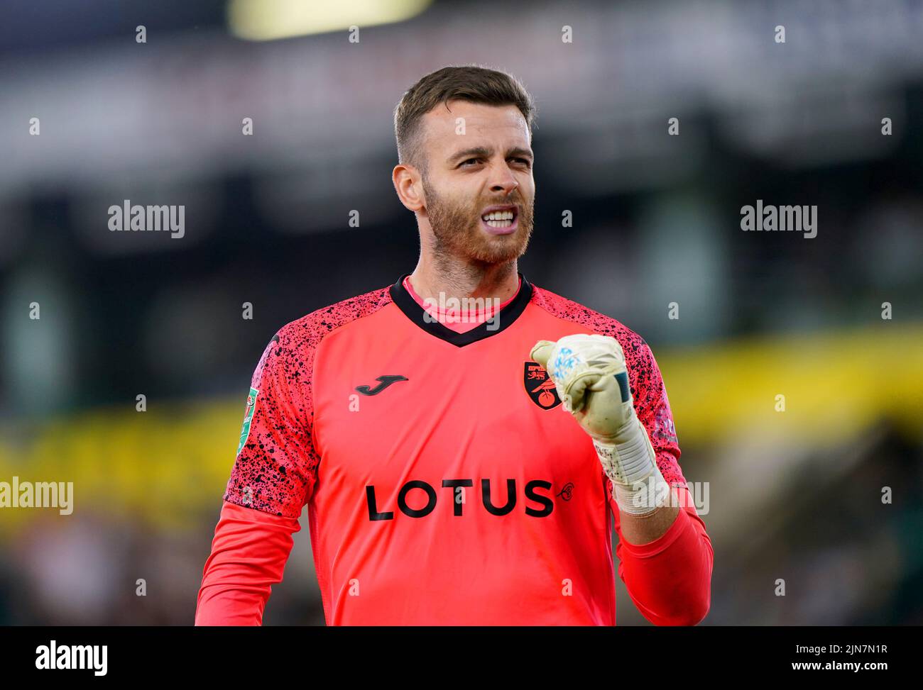 Norwich City goalkeeper Angus Gunn reacts during the Carabao Cup, first round match at Carrow Road, Norwich. Picture date: Tuesday August 9, 2022. Stock Photo
