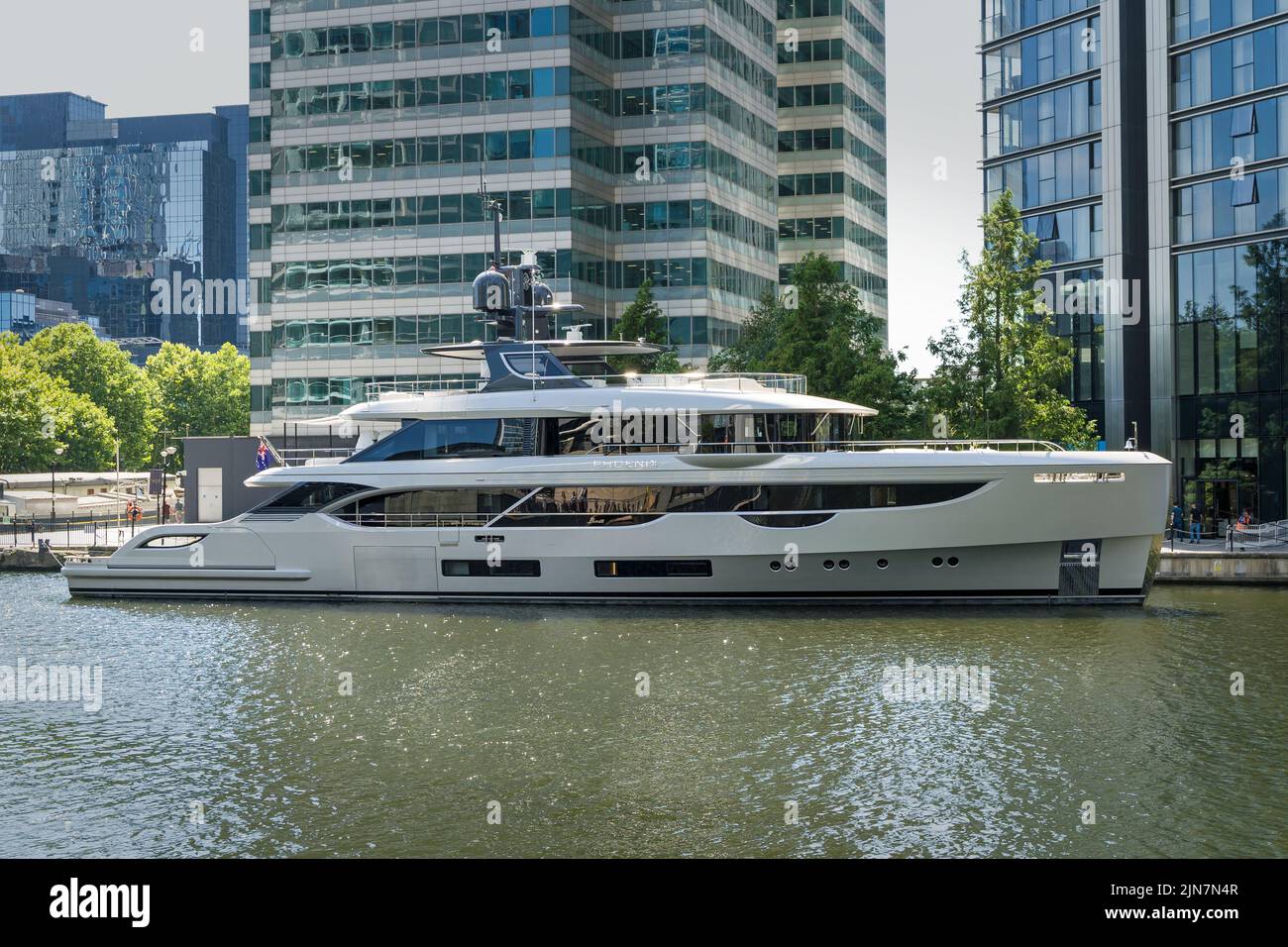 Phoenix Benetti super yacht moored up in the docklands of Canary Wharf. London - 9th August 2022 Stock Photo