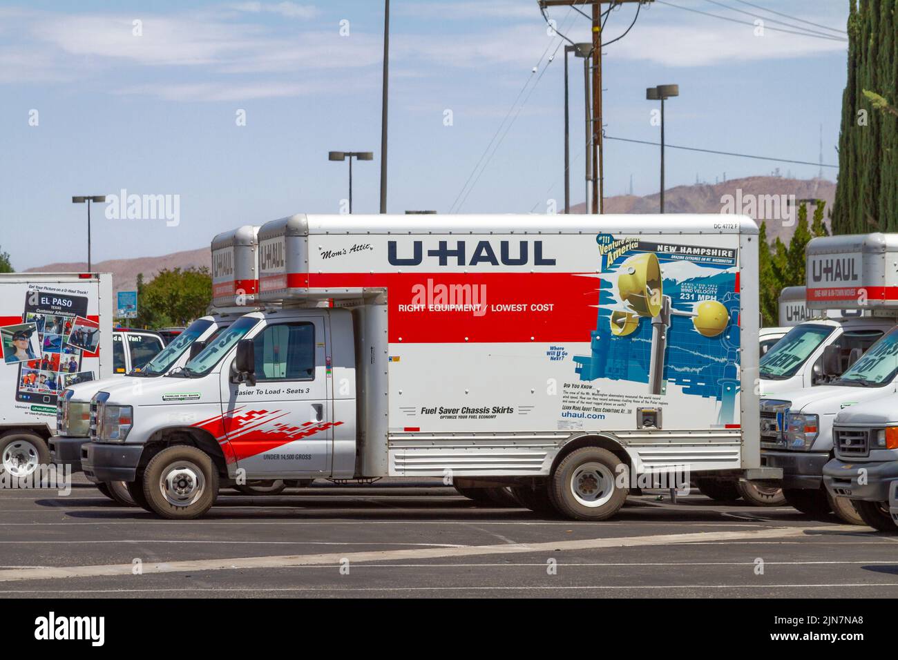 Victorville, CA, USA – August 8, 2022: A red and white rental U-Haul cargo van parked in Victorville, California. Stock Photo