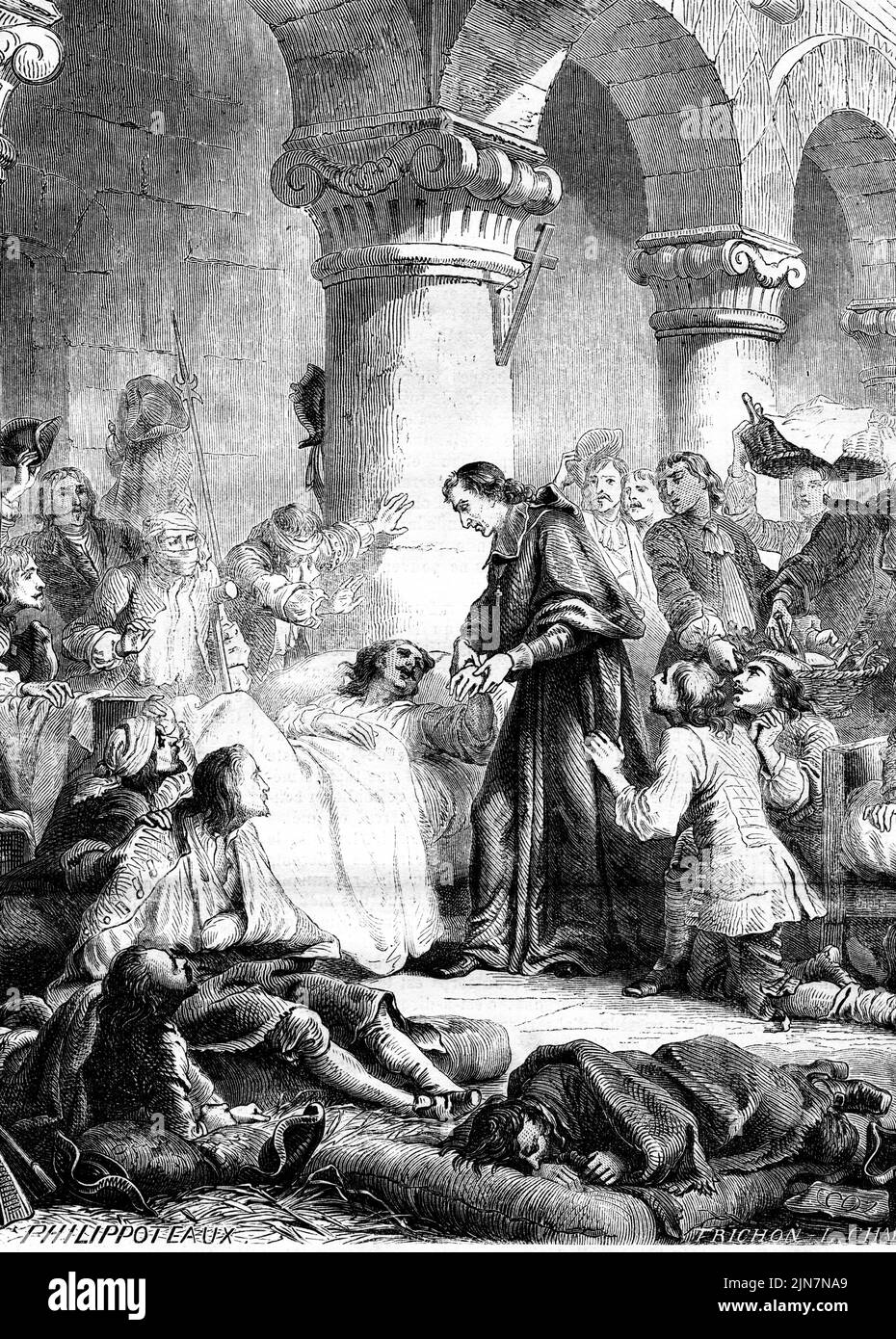 Engraving of Archbishop François de Salignac de la Mothe-Fénelon tending to the French wounded after The Battle of Malplaquet. The battle took place on 11 September 1709 during the War of the Spanish Succession between a French army commanded by the Duke of Villars and a Grand Alliance force under the Duke of Marlborough. Stock Photo