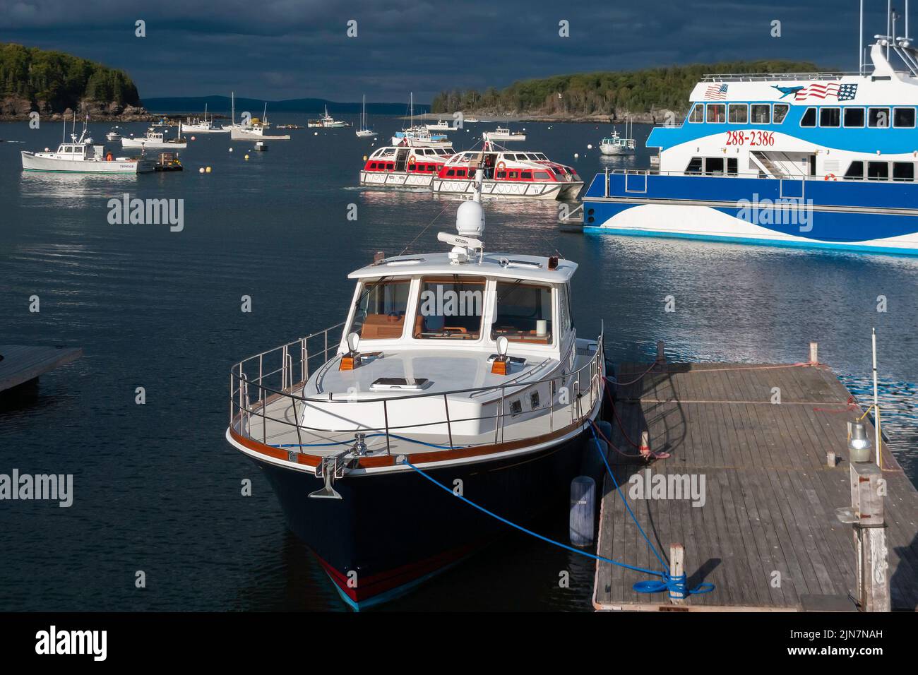 A large pleasure boat tied up to a dock in Frenchman bay of Bar Harbor, Maine, USA with many boats at anchor. Stock Photo