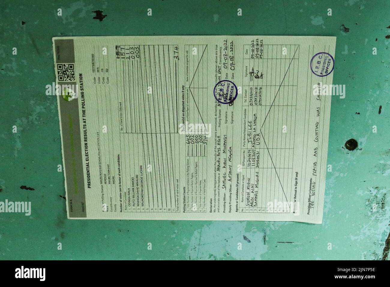 Nakuru, Kenya. 09th Aug, 2022. A view of form 34A with tallied presidential votes of a polling stream at Nakuru Boys High School Polling Station during Kenya's general election. Kenyans went to the poll today, August 09, 2022 to choose a president and members of both National and Local parliaments. Credit: SOPA Images Limited/Alamy Live News Stock Photo