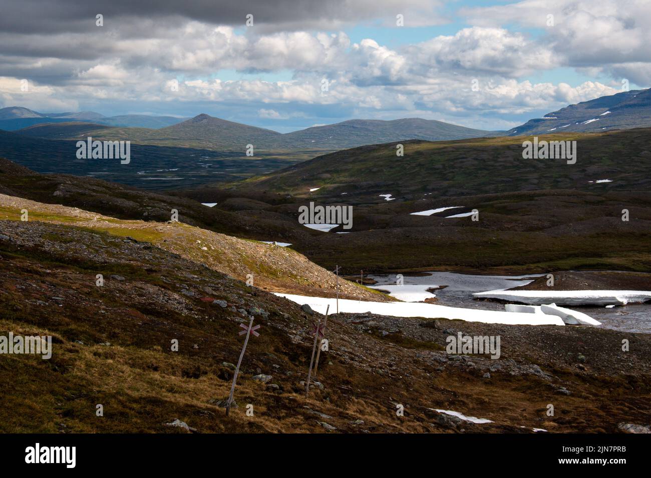 Mountains of Sylarna massif around a hiking trail between Sylarna and Nedalshytta mountain huts, Jamtland, Sweden Stock Photo