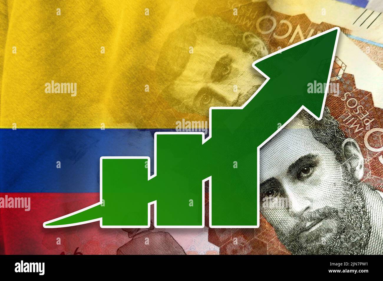 Economy Chart Upward Arrow, Cash Colombian Pesos, and Colombia Flag