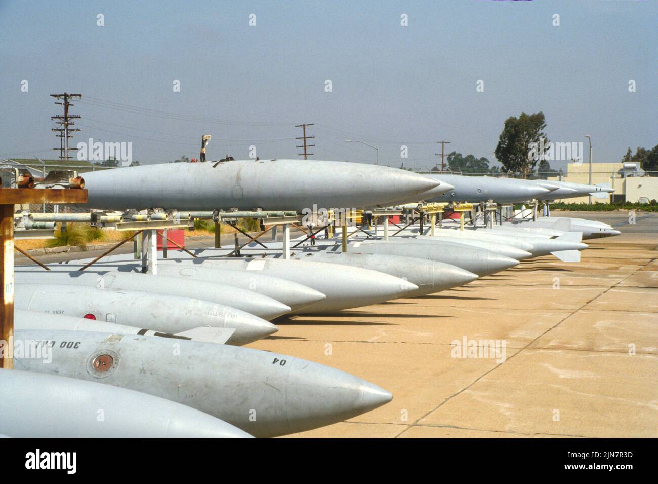 Fuel tanks for fighter jet aircraft stored aboard NAS Miramar in San Diego, California Stock Photo