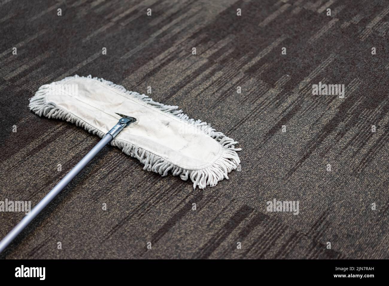 Use Clean White Mop on brown Carpet. Stock Photo