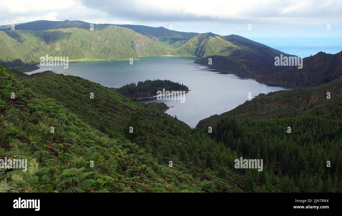 Lagoa do Fogo is a crater lake within the Agua de Pau Massif stratovolcano  in the center of the island of Sao Miguel in the Portuguese archipelago of  Stock Photo - Alamy