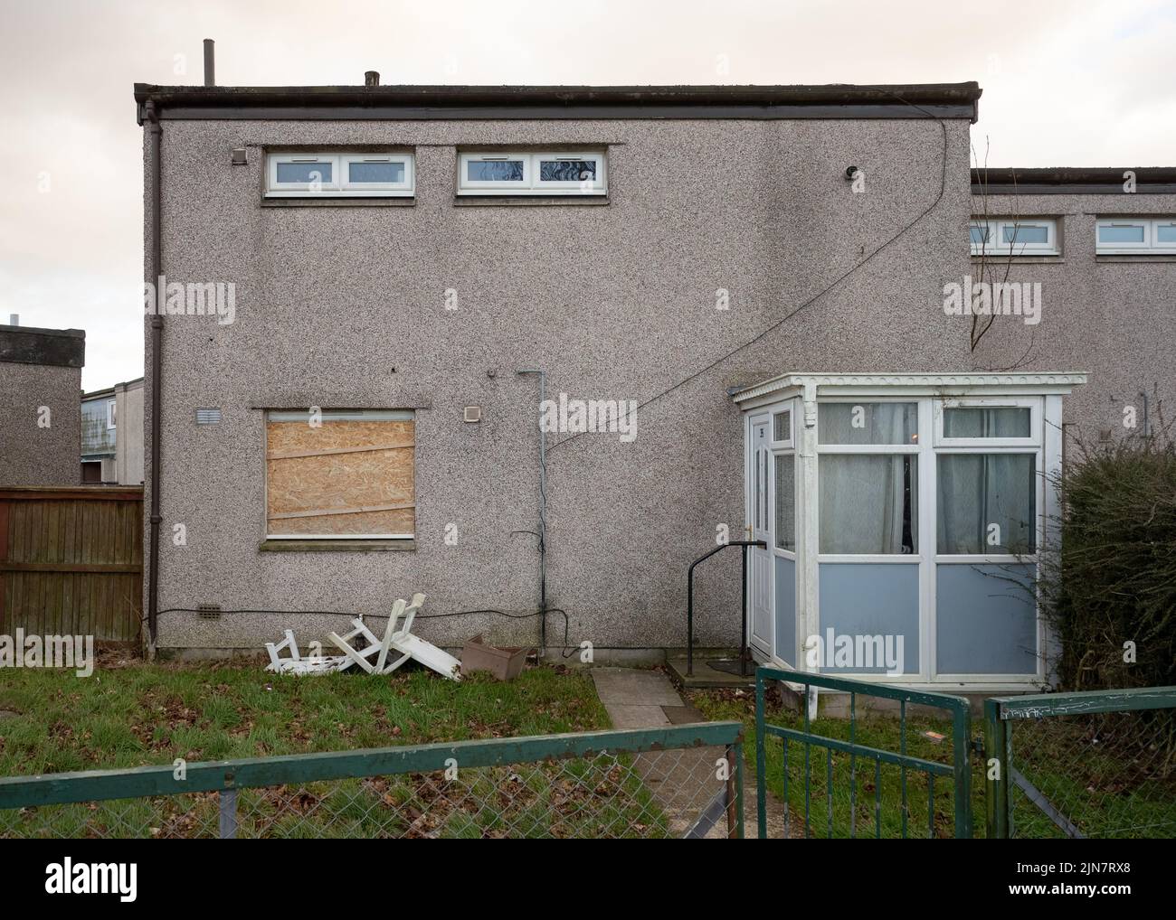 Boarded up council house in Glenrothes, Fife, Scotland, UK. Stock Photo