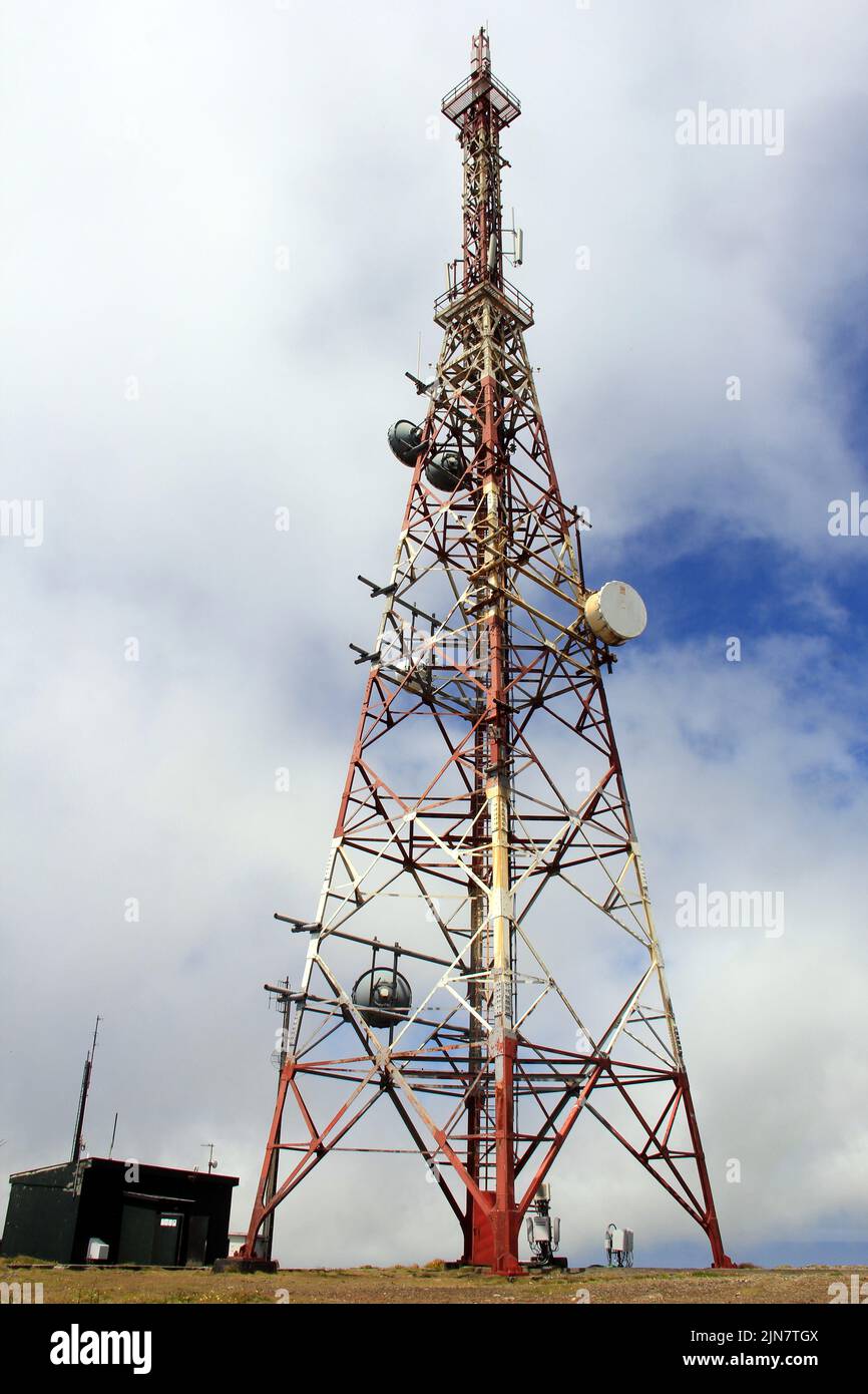 Communications tower topping the summit of the highest mountain of the Terceira Island, Serra de Santa Barbara, Azores, Portugal Stock Photo