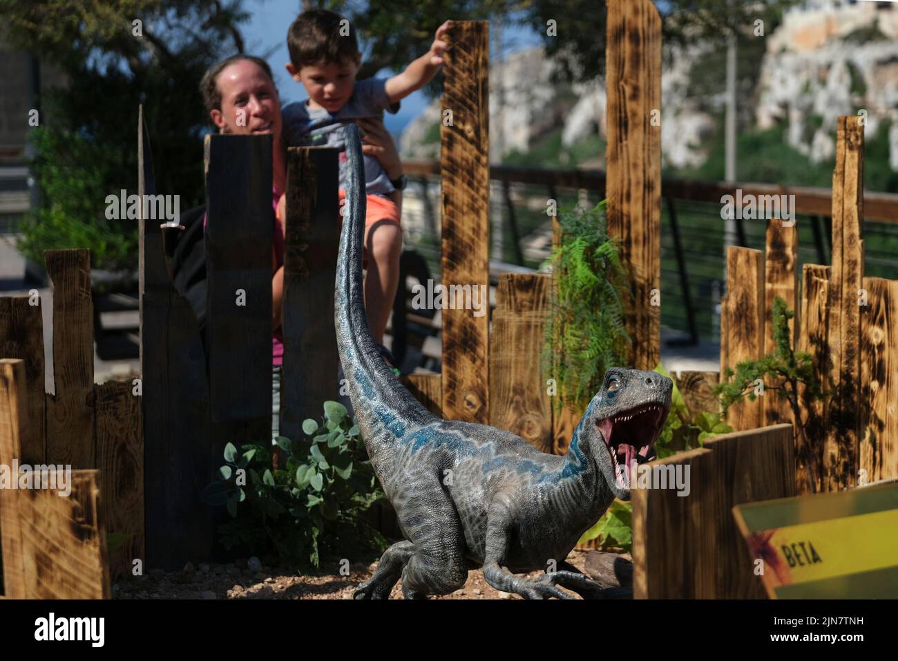 Mellieha, Malta. 9th Aug, 2022. Photo taken on Aug. 9, 2022 shows a dinosaur's model of the science fiction action film Jurassic World in Mellieha, Malta. Credit: Jonathan Borg/Xinhua/Alamy Live News Stock Photo