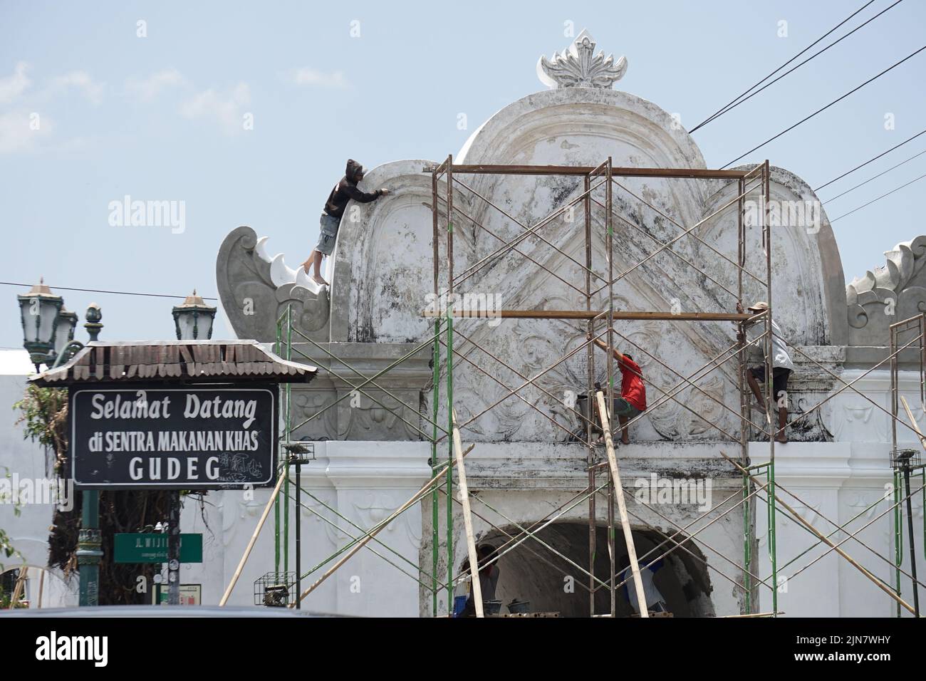 Yogyakarta, Indonesia - Circa 2018: Workers revitalize heritage building of Plengkung Wijilan. Stock Photo