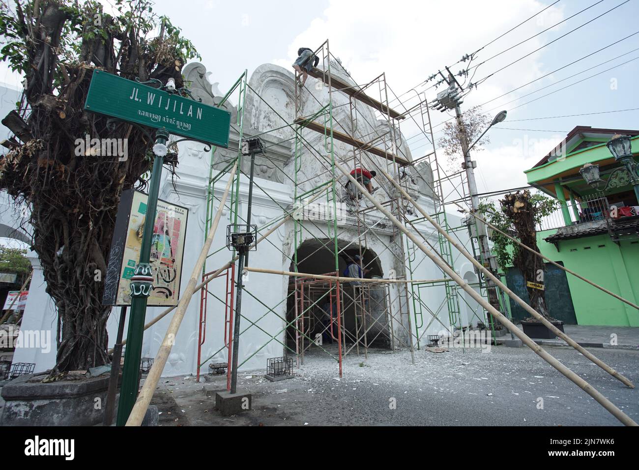 Yogyakarta, Indonesia - Circa 2018: Workers revitalize heritage building of Plengkung Wijilan. Stock Photo