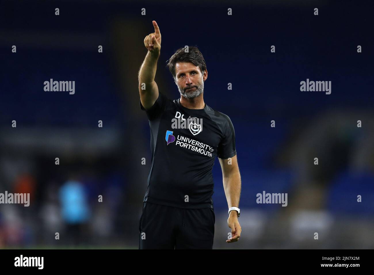 Cardiff, UK. 09th Aug, 2022. Danny Cowley, the manager of Portsmouth FC celebrates after the match. EFL Carabao cup round 1 match, Cardiff city v Portsmouth at the Cardiff City Stadium in Cardiff, Wales on Tuesday 9th August 2022. this image may only be used for Editorial purposes. Editorial use only, license required for commercial use. No use in betting, games or a single club/league/player publications. pic by Andrew Orchard/Andrew Orchard sports photography/Alamy Live news Credit: Andrew Orchard sports photography/Alamy Live News Stock Photo