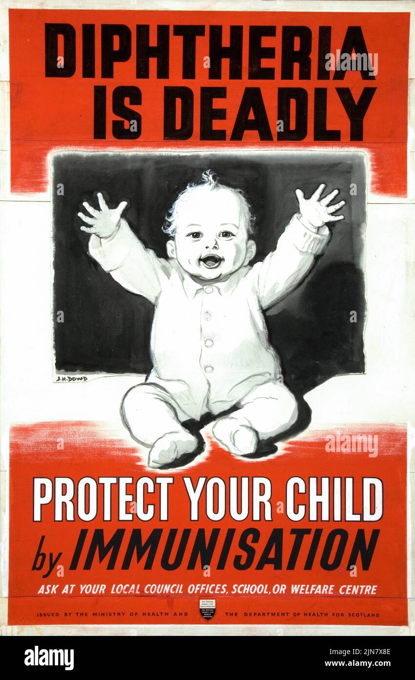 Diptheria is deadly. Protect your child by immunisation, Issued by the Ministry for Health (1939 - 1946) British World War II era poster by J. H. Dowd Stock Photo