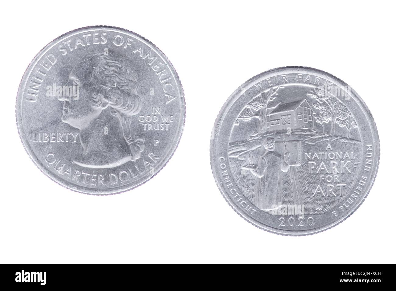 Obverse and reverse sides of the Weir Farm National Historic Park 2020P Commemorative Quarter, part of the America the Beautiful Commemorative Quarter Stock Photo