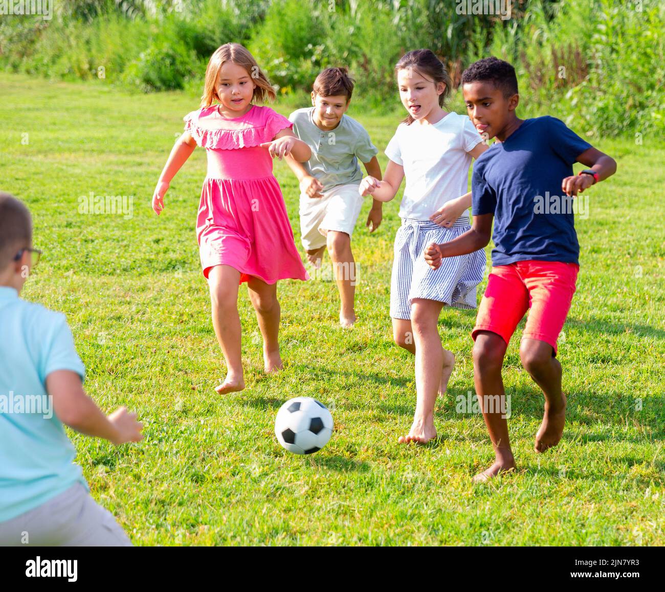 Group Of Kids Playing Football On Grass Stock Photo Alamy group-of-kids-playing-football-on-grass-stock-photo-alamy