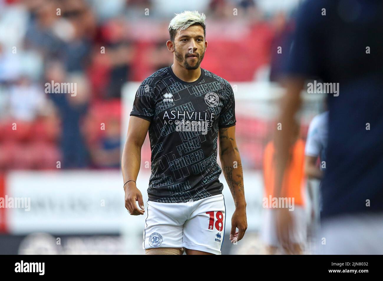 The Valley, London on Tuesday 9th August 2022. Macauley Bonne of Queens Park Rangers during the Carabao Cup match between Charlton Athletic and Queens Park Rangers at The Valley, London on Tuesday 9th August 2022. (Credit: Tom West | MI News) Credit: MI News & Sport /Alamy Live News Stock Photo