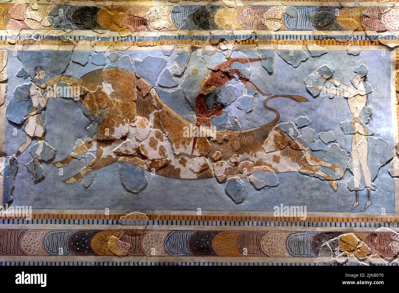 The Bull Leaping fresco in the Heraklion Archaeological Museum in Crete Greece Stock Photo