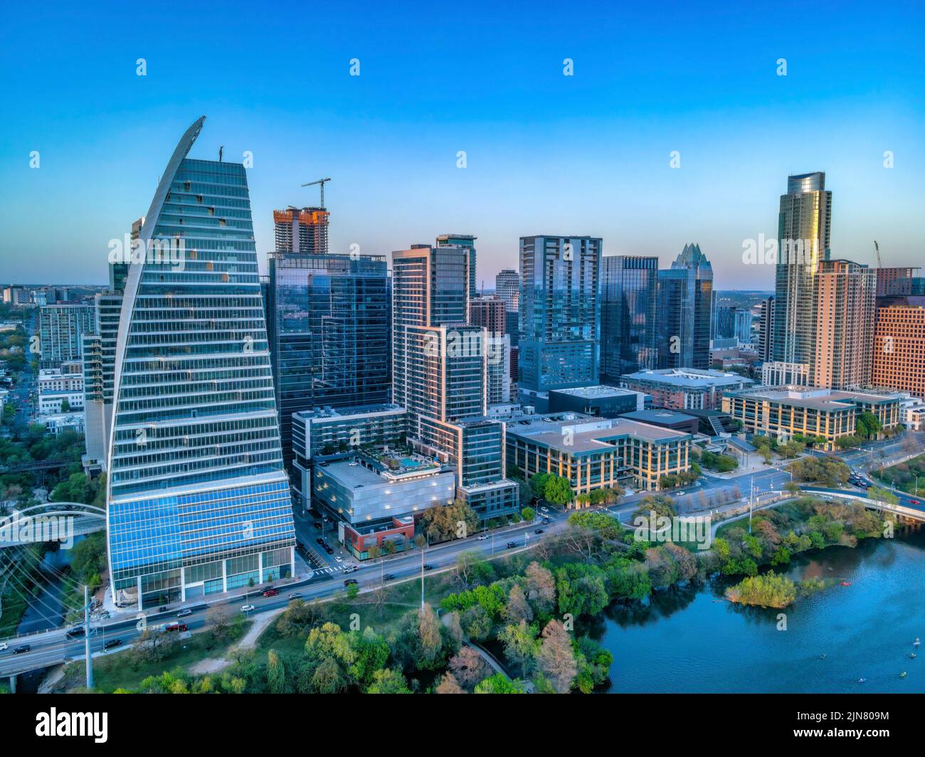 Skyscraper buildings with Colorado River waterfront at Austin, Texas