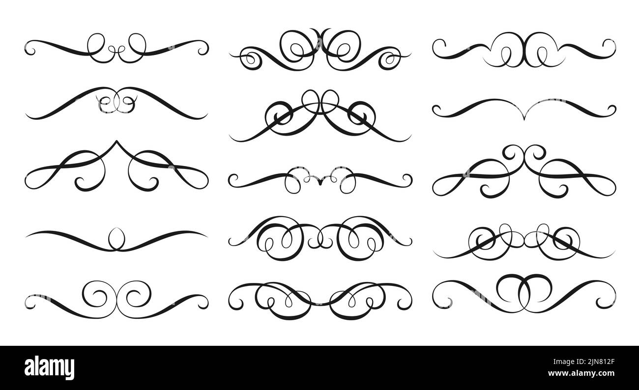 Vintage swirl ornament line flourish set. Filigree calligraphic ornamental curls. Decorative retro design element for menu, wedding invatation card, label prise tag. Text divider, certificate diploma Stock Vector