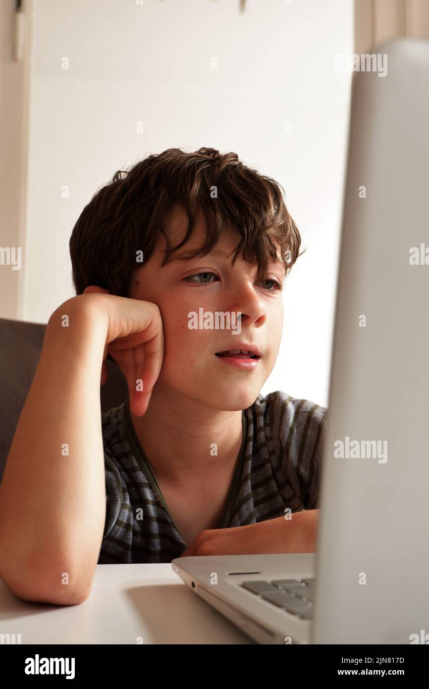 Junge sitzt am Computer und macht Hausaufgaben Stock Photo