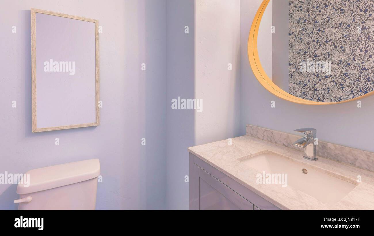 Panorama Powder blue bathroom interior with floral wall paper Stock ...