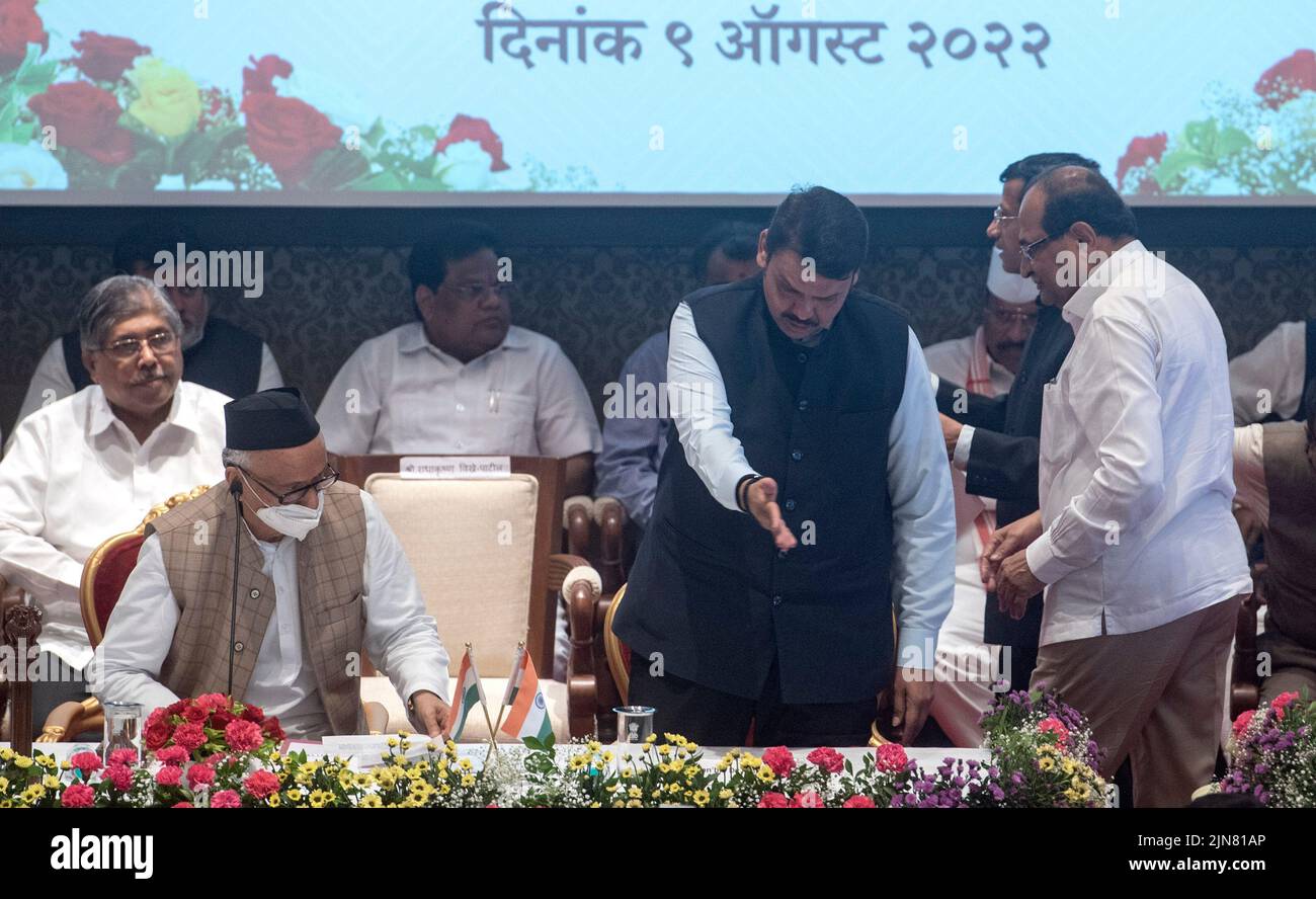 Mumbai, India. 09th Aug, 2022. MUMBAI, INDIA - AUGUST 9: Maharashtra Deputy CM Devendra Fadnavis, Governor Bhagat Singh Koshyari, Chandrakant Patil, Radhakrishna Vikhe Patil and others during sworn in ceremony of the state cabinet held at Raj Bhavan on August 9, 2022 in Mumbai, India. More than a month after becoming the chief minister of Maharashtra, Eknath Shinde expanded his cabinet on Tuesday. 18 ministers, nine each, from the Shinde group and BJP took oath as ministers in the state cabinet. (Photo by Satish Bate/Hindustan Times/Sipa USA) Credit: Sipa USA/Alamy Live News Stock Photo