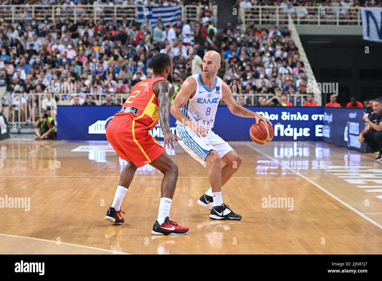 Athens, Lombardy, Greece. 9th Aug, 2022. NICK CALATHES 8 of Greek Basketball Team react during