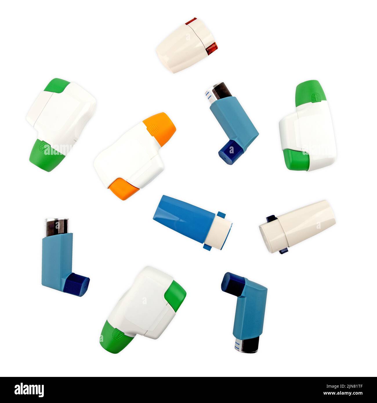 Collage of different Metered Dose Inhaler isolated over white background Stock Photo
