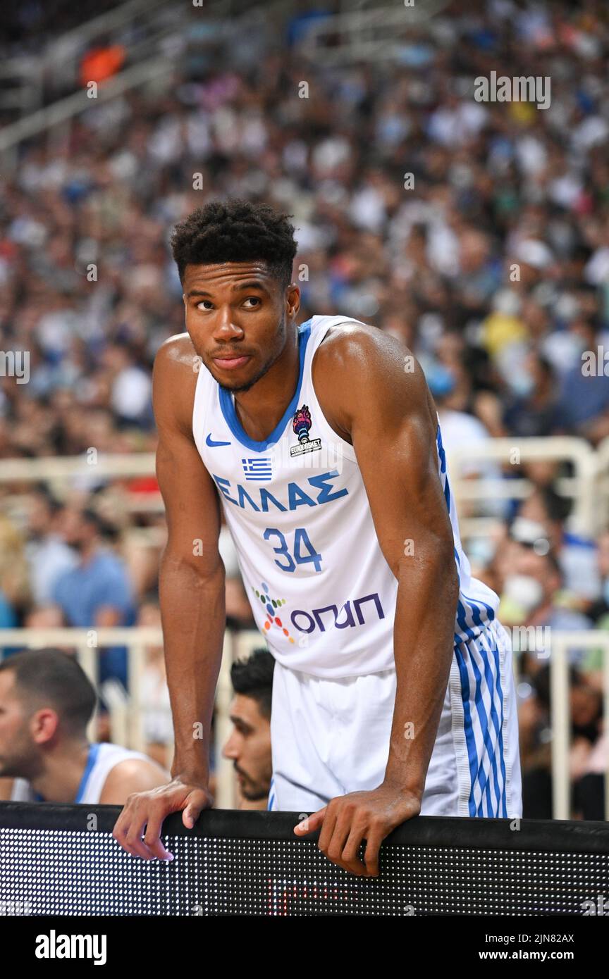 Athens, Lombardy, Greece. 9th Aug, 2022. GIANNIS ANTETOKOUNMPO #34 of Greek  Basketball Team react during the friendly match between the Greek National  Team and the Spanish National Team at OAKA Stadium on
