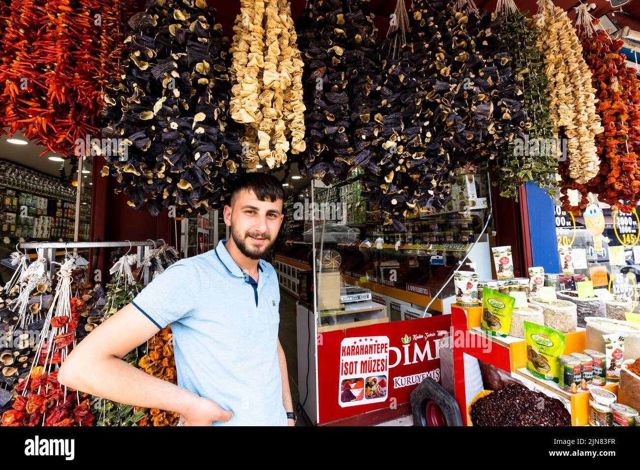 Young man at bazzar shop, Downtown at old city of Sanliurfa(Urfa), ancient Edessa, hometown of Abraham, Sanlıurfa province, Turkey, Asia Minor, Asia Stock Photo