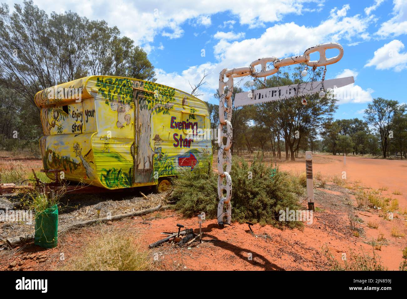 Decorated caravan advertising the Evening Star Tourist Park, Charleville, Queensland, QLD, Australia Stock Photo