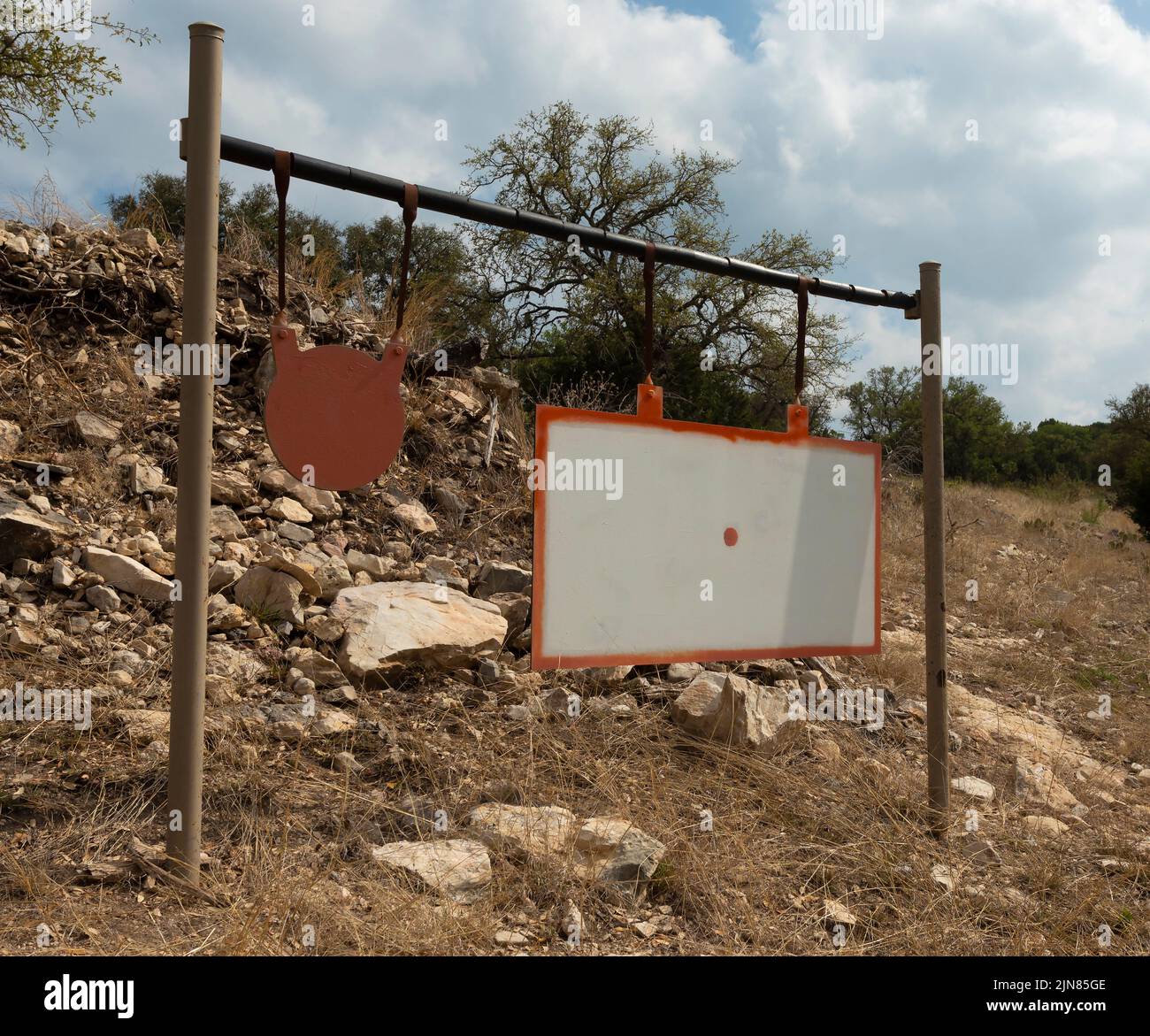 Targets made of steel for precision shooting on a hillside Stock Photo