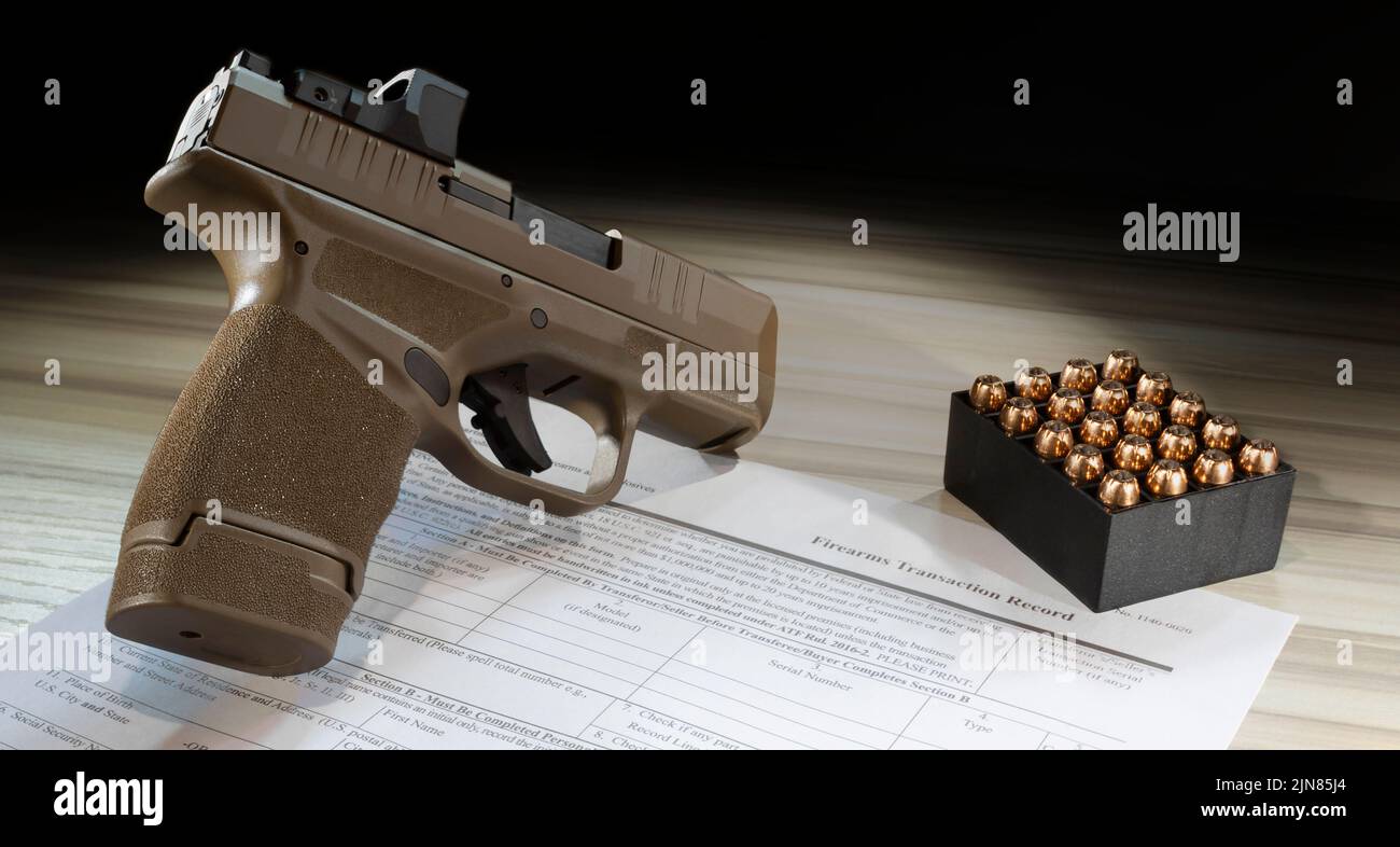 Pistol with ammunition and public domain 4473 need for a gun purchase Stock Photo