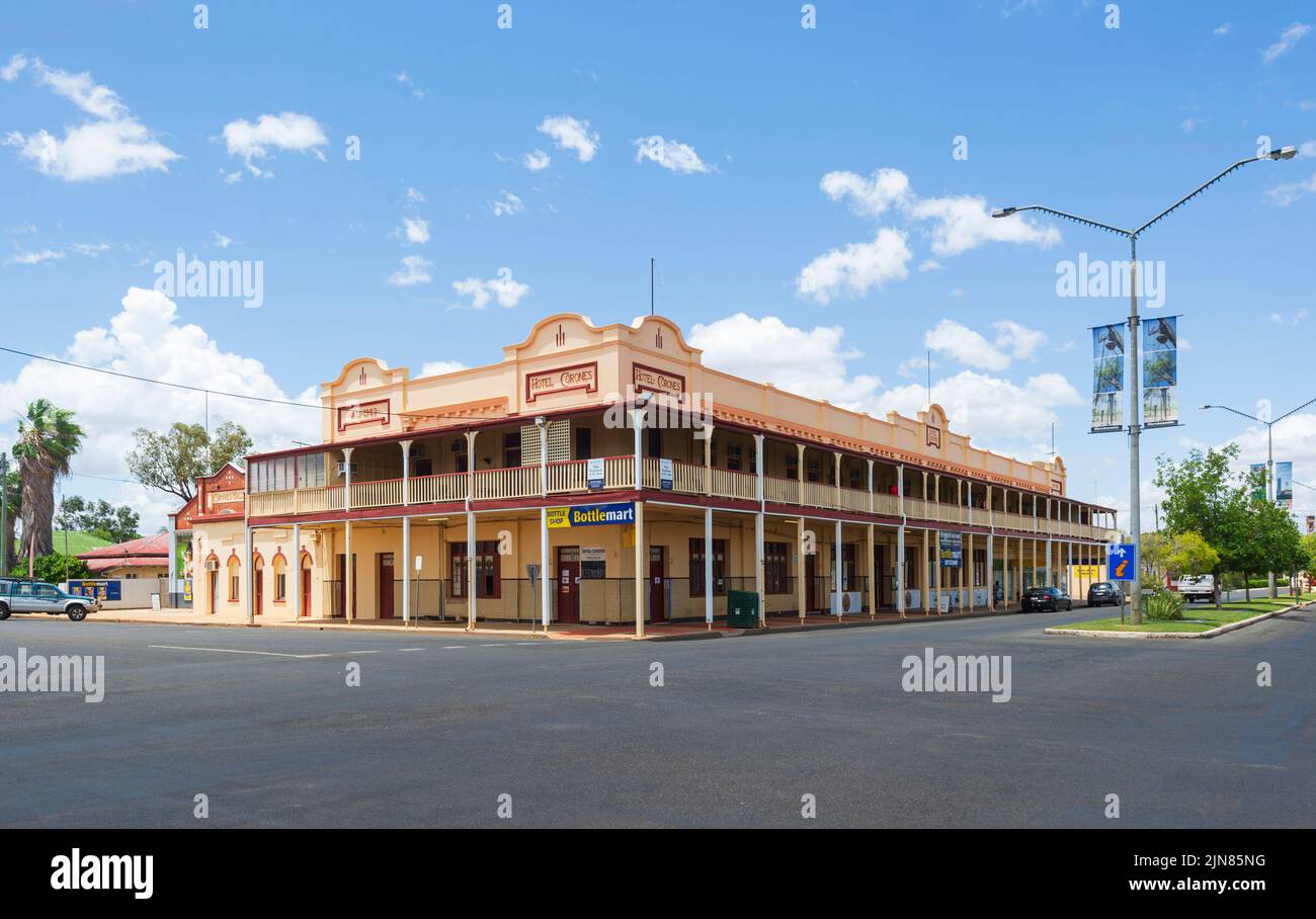 Renowned historic Hotel Corones, built in the 1920's is a landmark in Charleville, South West Queensland, QLD, Australia Stock Photo