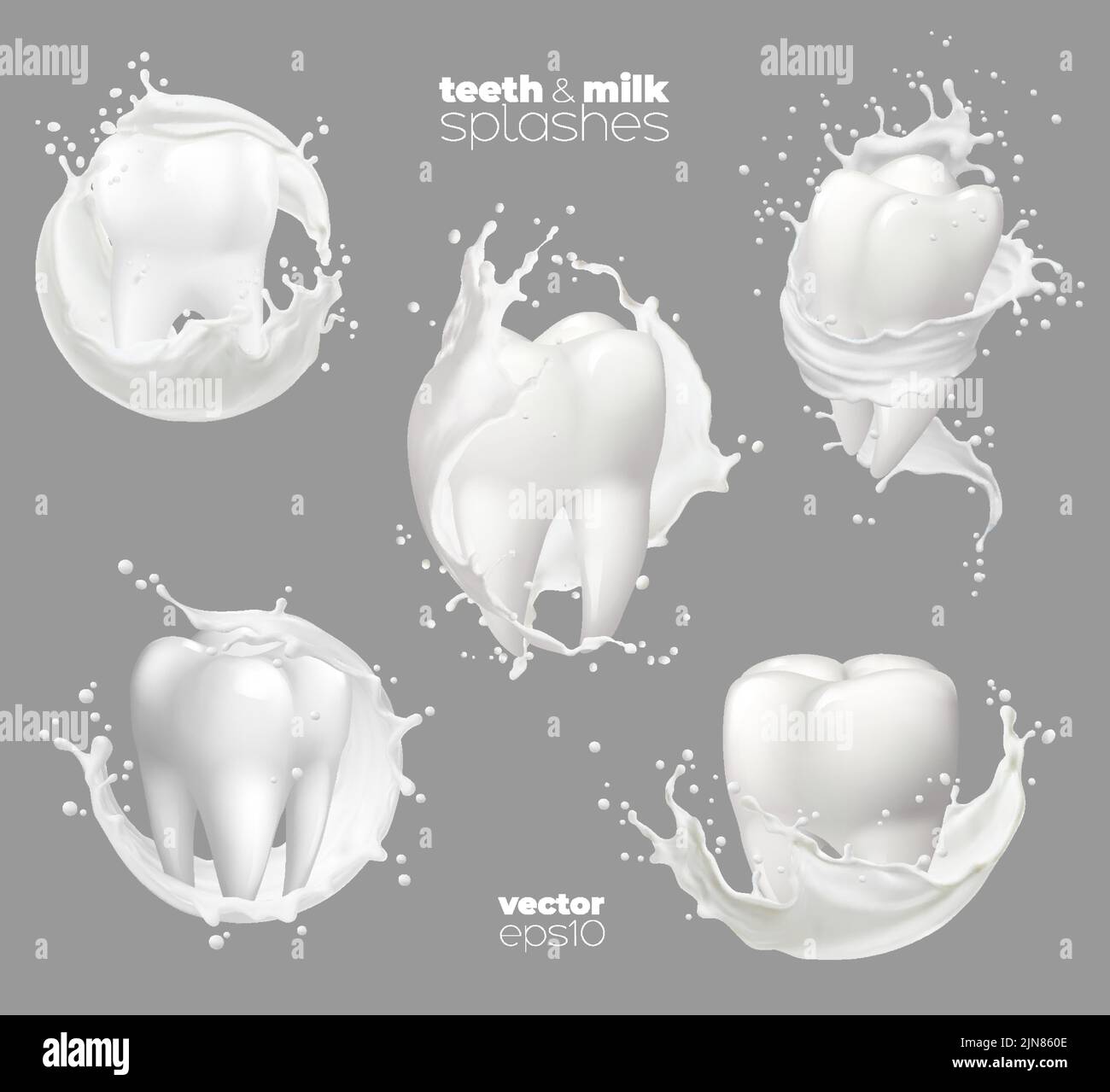 Milk, yogurt or cream splash with tooth. Calcium nutrition. Teeth