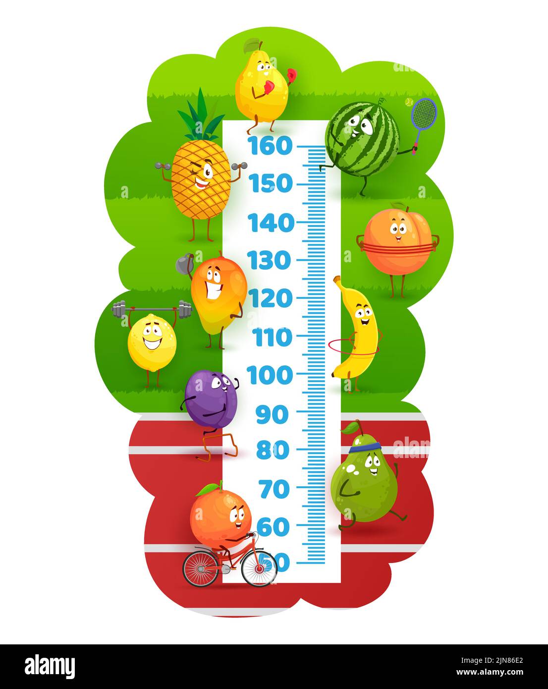 Happy fruits on stadium field, kids height chart. Vector wall growth
