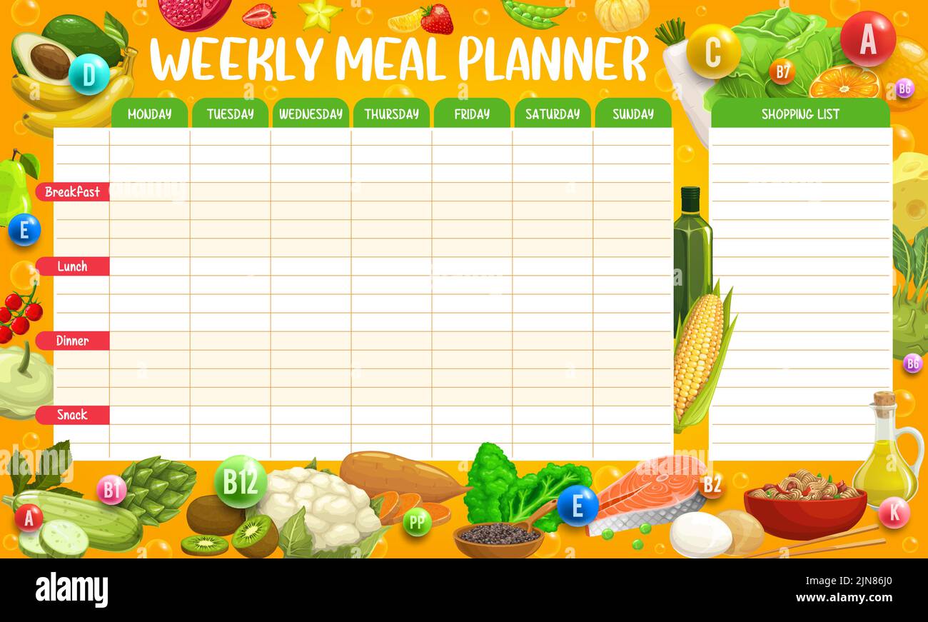 Food vitamins, weekly meal planner schedule. Organizer check list
