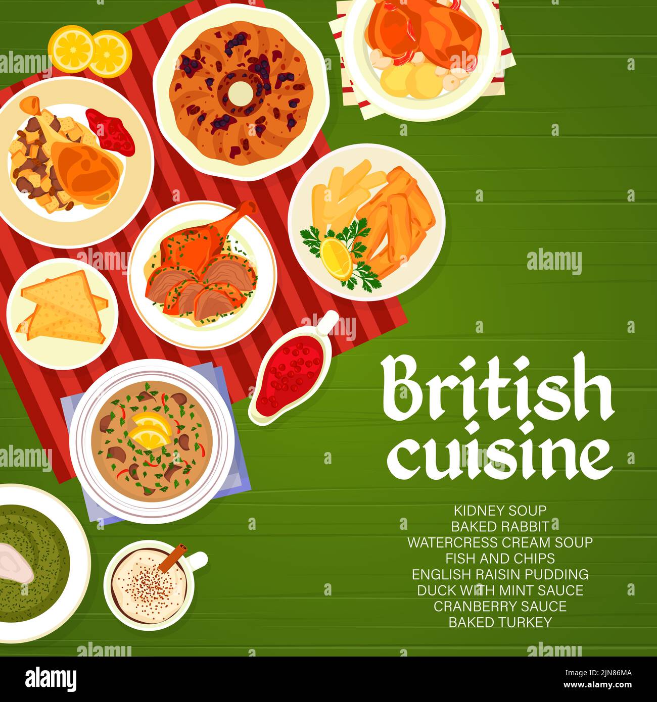 British cuisine menu cover template. Cranberry sauce, duck with mint sauce and baked rabbit, baked turkey, English pudding and watercress cream soup, fish with chips, Irish coffee and kidney soup Stock Vector