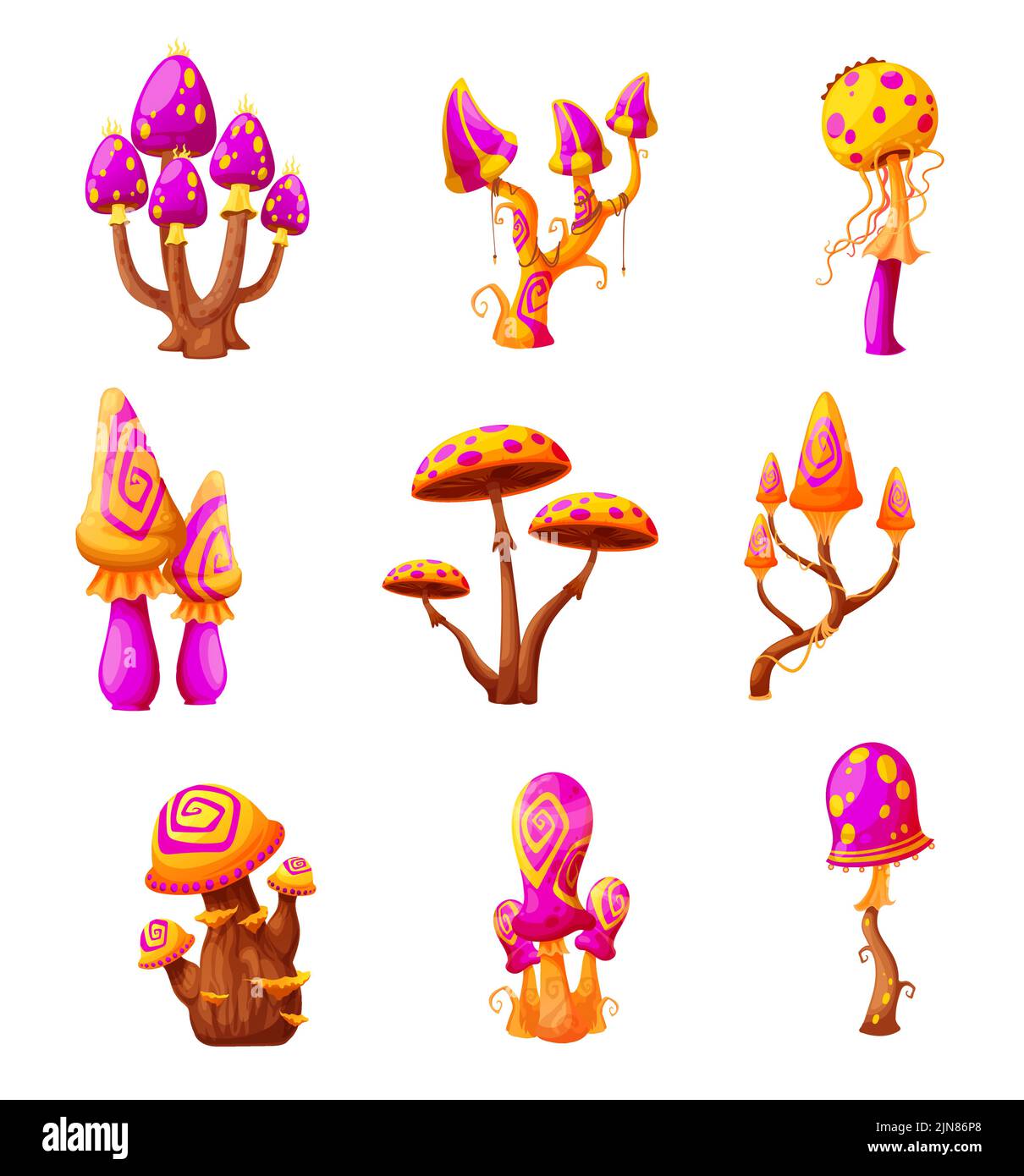 Fantasy fairy magic mushrooms, cartoon vector fungi. Isolated alien unusual plants with bizarre stipes and odd caps. Natural fairytale toadstools game assets, hallucinogenic poisonous fungus set Stock Vector