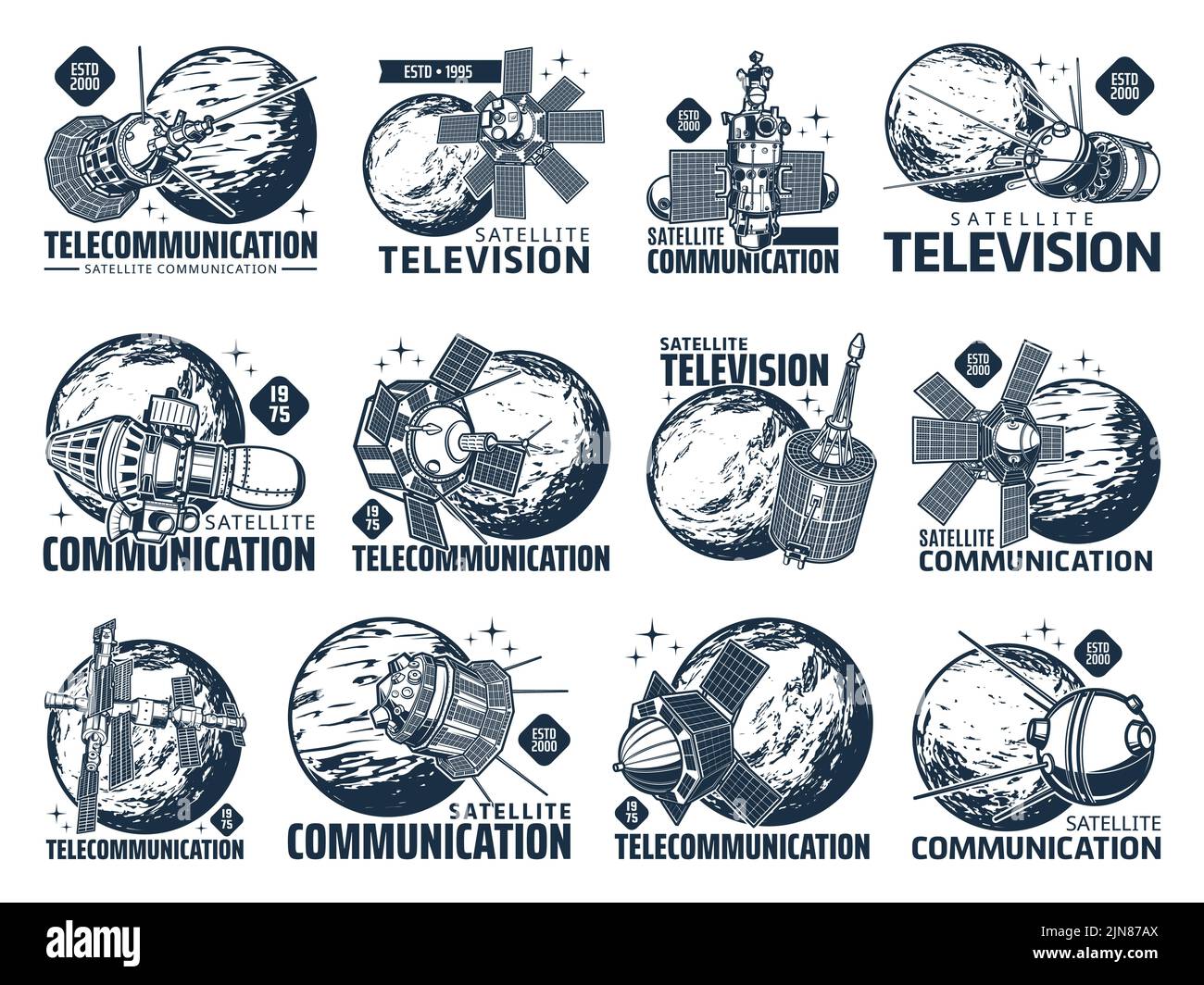 Telecommunication and television satellite vector icons of antenna dish, radio and telecom signal. Digital communication, TV broadcast and IP telephony telecommunication satellite technology icons Stock Vector