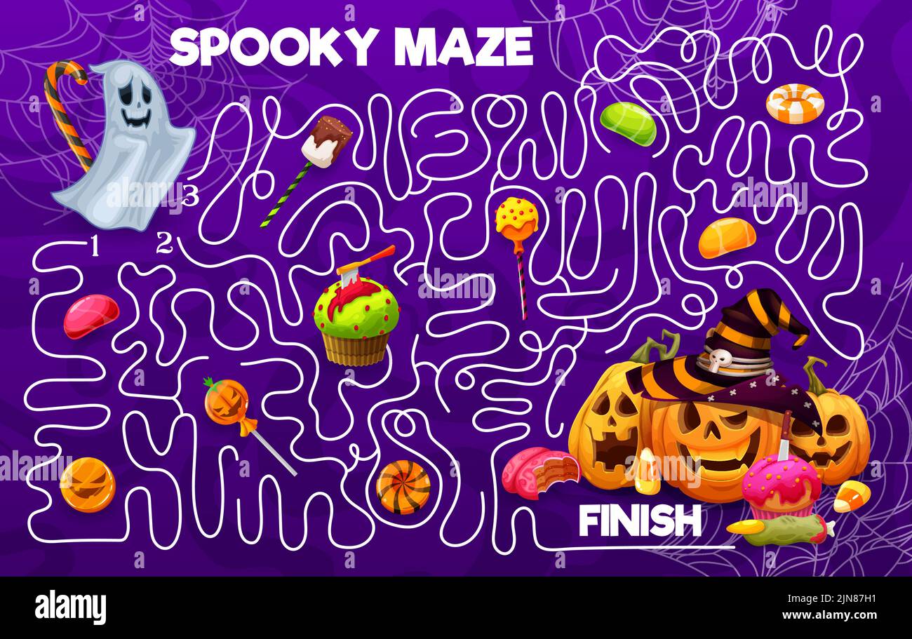 Labyrinth maze, cartoon Halloween holiday pumpkins, cobweb, sweets and