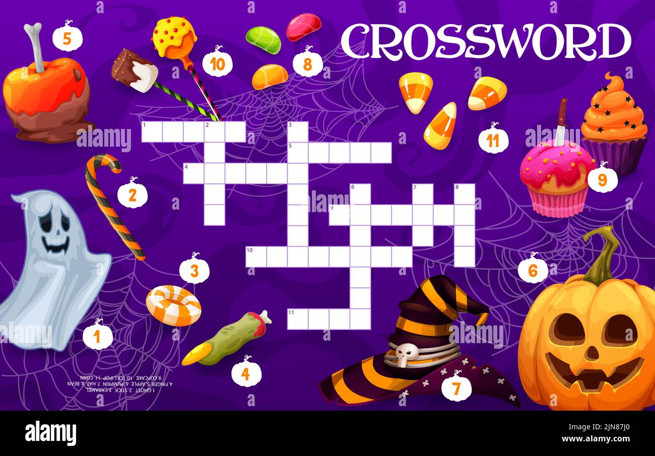 Crossword quiz game grid of cartoon Halloween holiday pumpkin sweets
