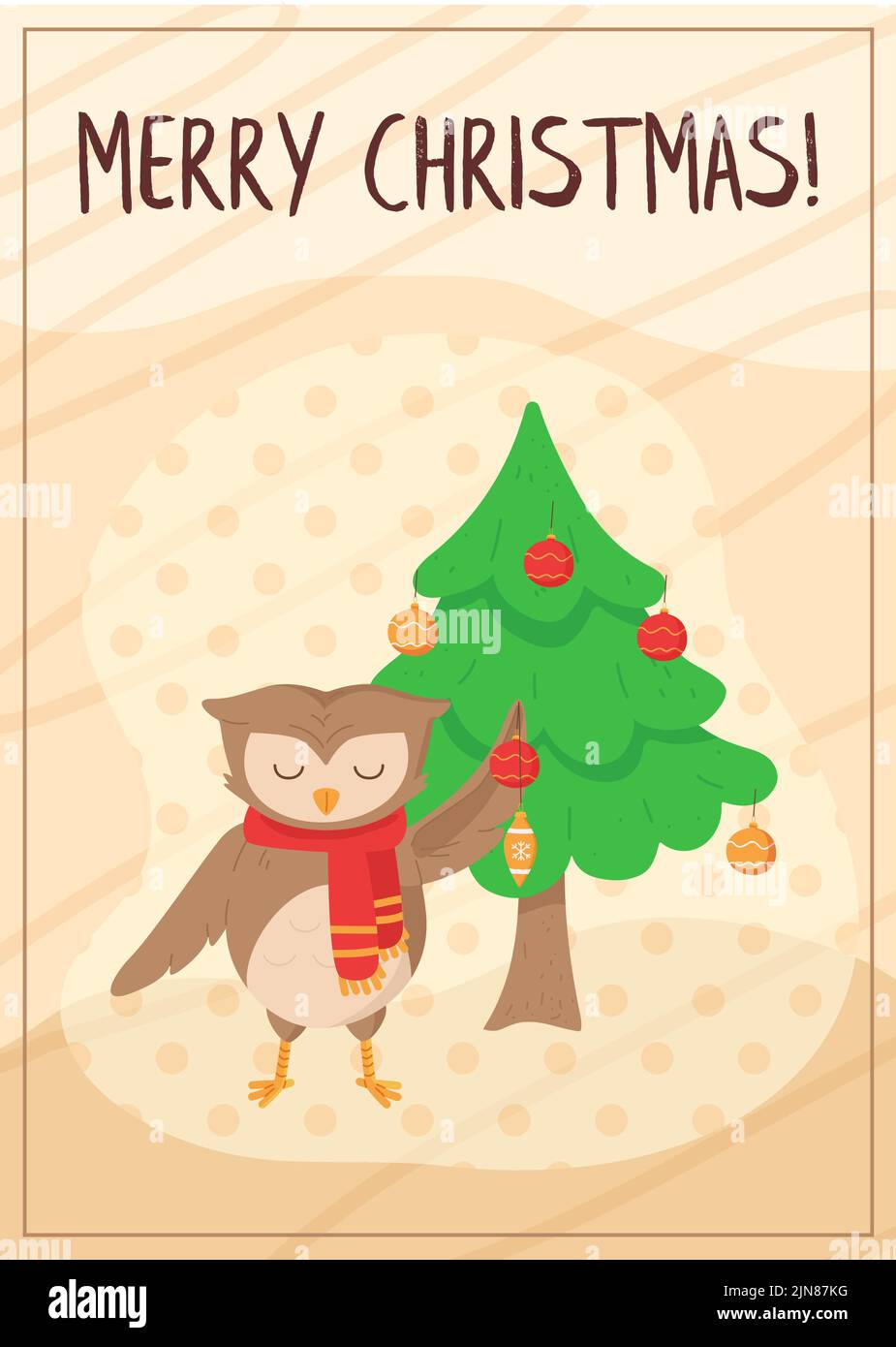 Cute owl decorating christmas tree card Stock Vector