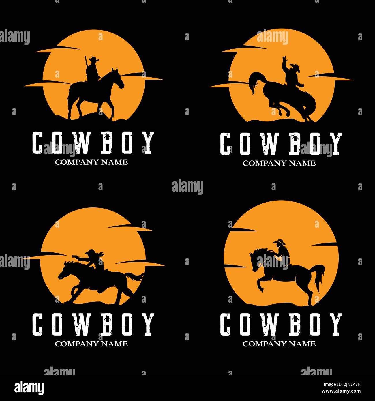 Cowboy Man Riding Horse Powerfully Silhouette at Sunset, icon logo design Stock Vector