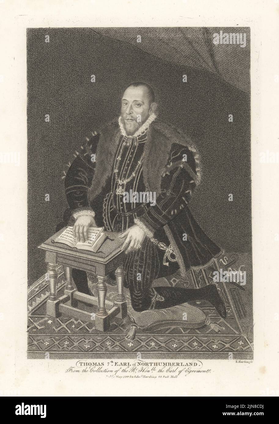 Thomas Percy, 7th Earl of Northumberland, kneeling on a cushion, wearing a black doublet with a fur trimmed cloak, a white ruff and the Order of the Garter collar and garter, court sword, reading a prayer book. Thomas, 7th Earl of Northumberland, executed for treason, 1528-1572. From a painting by Steven van der Meulen in Earl Egremont's collection at Petworth House, West Sussex. Copperplate engraving by Edward Harding from John Adolphus’ The British Cabinet, containing Portraits of Illustrious Personages, printed by T. Bensley for E. Harding, 98 Pall Mall, London, 1799. Stock Photo