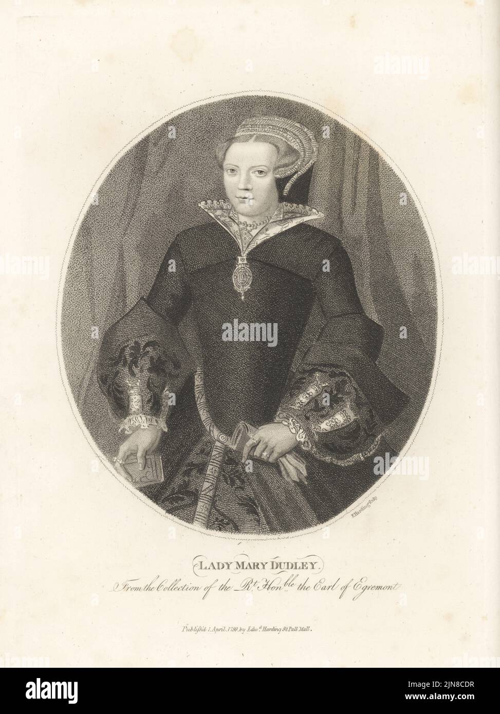 Lady Mary Sidney, lady-in-waiting at the court of Queen Elizabeth I, wife of Sir Henry Sidney, mother of Sir Philip Sidney and Mary Sidney Herbert, Countess of Pembroke, c. 1530-1586. In hooded headdress, lace collar, bodice with large embroidered cuffs, brocade skirts. Lady Mary Dudley. From a painting by Hans Eworth in the Earl of Egremont's collection at Petworth House, West Sussex. Copperplate engraving by Edward Harding from John Adolphus’ The British Cabinet, containing Portraits of Illustrious Personages, printed by T. Bensley for E. Harding, 98 Pall Mall, London, 1799. Stock Photo