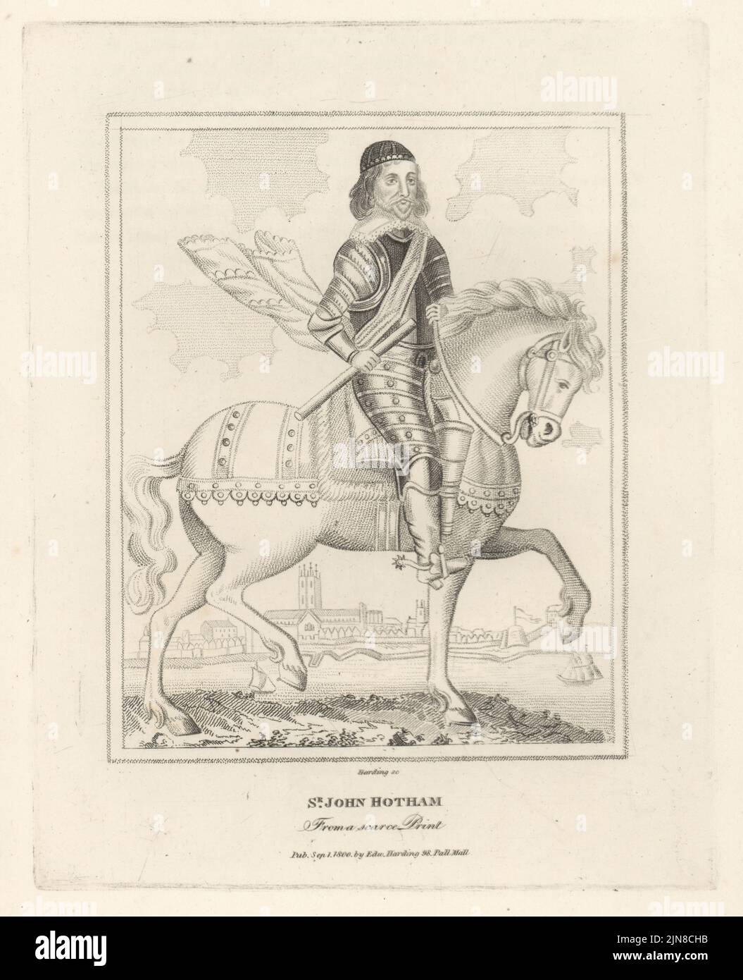 Sir John Hotham, 1st Baronet of Scorborough Hall, Yorkshire, c.1589-1645. Governor of Hull, Parliamentary soldier in the English Civil War, executed for treason. In cap, suit of plate armour, boots with spurs, holding a baton, mounted on a horse with pistol holster. View of Hull from the Humber with Holy Trinity Church (now Hull Minster) and the Citadel (fortress). Copperplate engraving by Edward Harding from John Adolphus’ The British Cabinet, containing Portraits of Illustrious Personages, printed by T. Bensley for E. Harding, 98 Pall Mall, London, 1799. Stock Photo